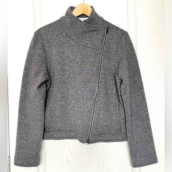 Eileen Fisher Gray Wool Blend Asymmetrical Moto Zip Jacket Sz M Bikercore Cozy - Picture 2 of 15
